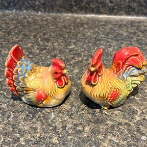 Colorful Ceramic Rooster and Hen Figurines